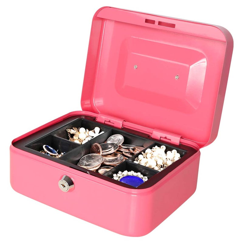Jssmst Small Cash Box with Key Lock - Durable Metal Cash Box with Money Tray Pink, CB0104M - Image 5